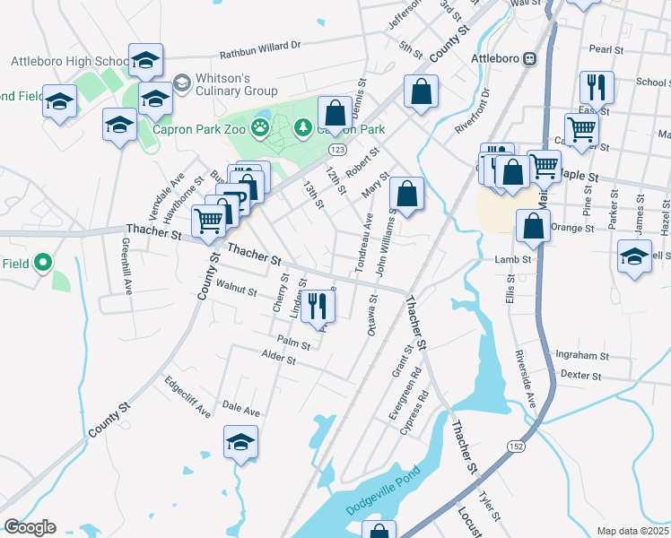 map of restaurants, bars, coffee shops, grocery stores, and more near 27 Intervale Avenue in Attleboro