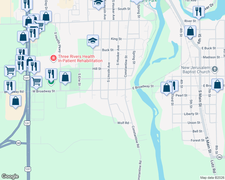 map of restaurants, bars, coffee shops, grocery stores, and more near 508 West Broadway Street in Three Rivers