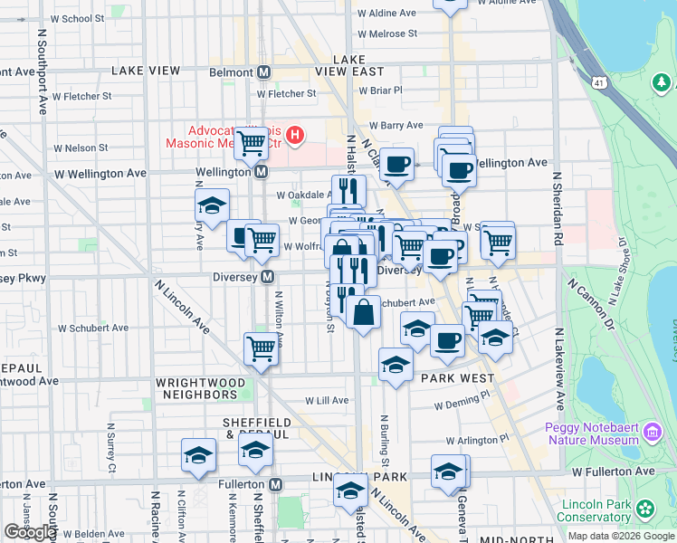 map of restaurants, bars, coffee shops, grocery stores, and more near 2810 North Halsted Street in Chicago