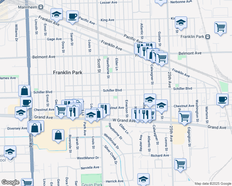 map of restaurants, bars, coffee shops, grocery stores, and more near 9903 Schiller Boulevard in Franklin Park