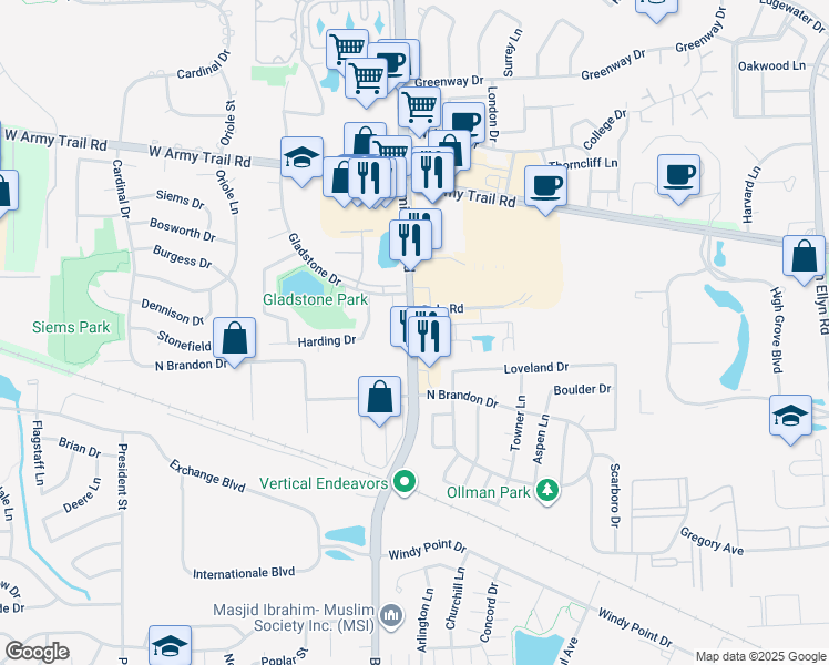 map of restaurants, bars, coffee shops, grocery stores, and more near 2017 Bloomingdale Road in Glendale Heights