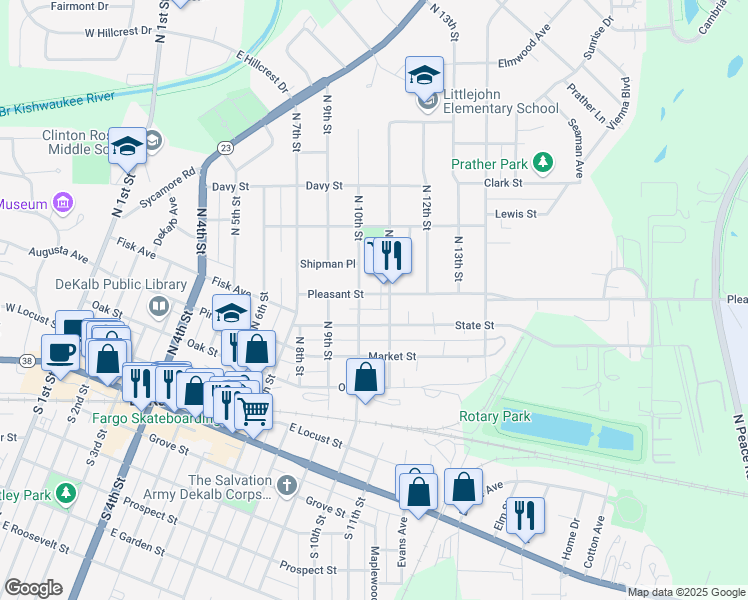 map of restaurants, bars, coffee shops, grocery stores, and more near 1014 Pleasant Street in DeKalb