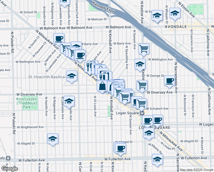 map of restaurants, bars, coffee shops, grocery stores, and more near 2829 North Milwaukee Avenue in Chicago
