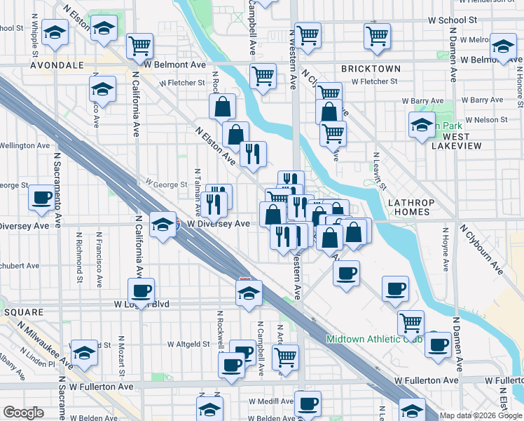 map of restaurants, bars, coffee shops, grocery stores, and more near 2450 West Diversey Avenue in Chicago