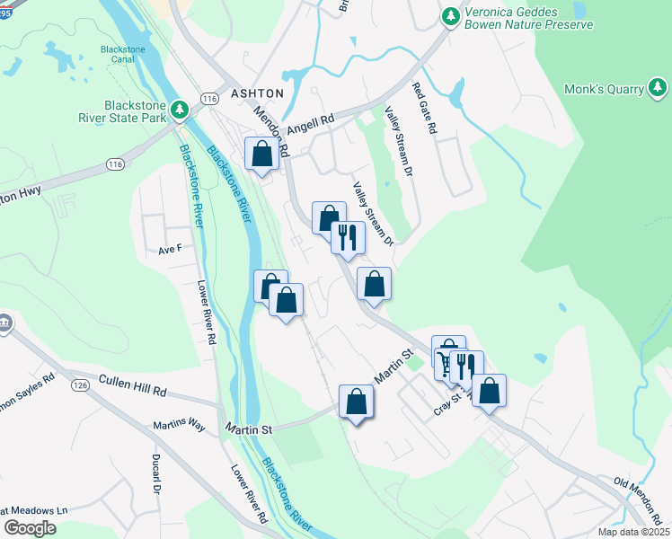 map of restaurants, bars, coffee shops, grocery stores, and more near 1238 Mendon Road in Cumberland
