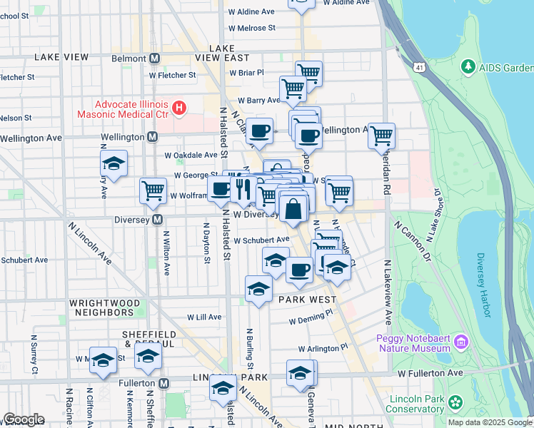 map of restaurants, bars, coffee shops, grocery stores, and more near W Diversey Pkwy & N Orchard St in Chicago