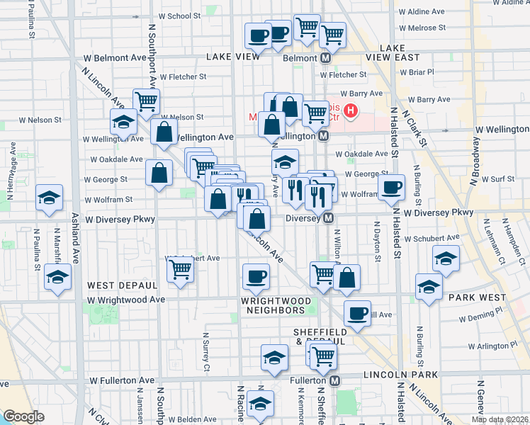 map of restaurants, bars, coffee shops, grocery stores, and more near 1128 West Diversey Parkway in Chicago