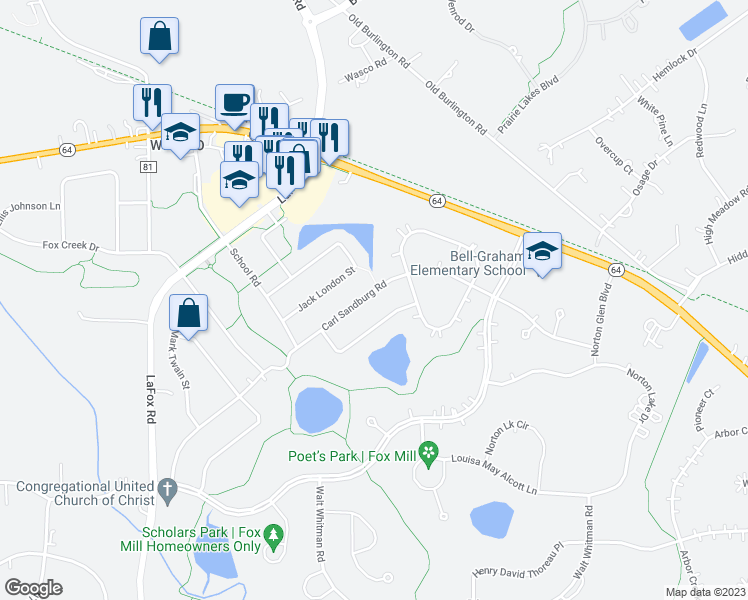 map of restaurants, bars, coffee shops, grocery stores, and more near 40W017 Carl Sandburg Road in St. Charles