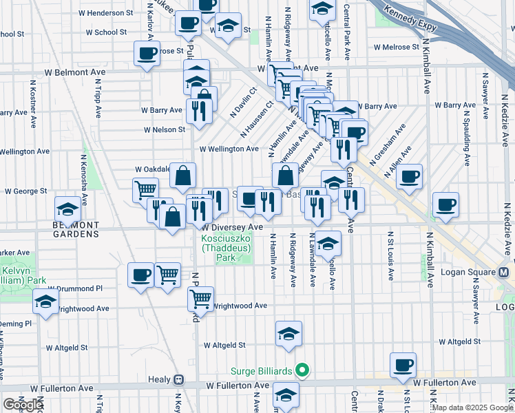 map of restaurants, bars, coffee shops, grocery stores, and more near 2831 North Avers Avenue in Chicago