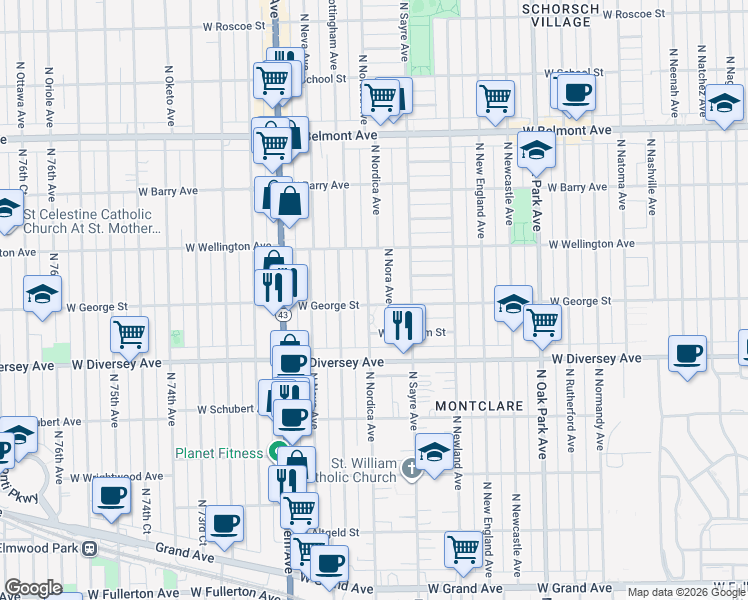 map of restaurants, bars, coffee shops, grocery stores, and more near 2901 North Nordica Avenue in Chicago