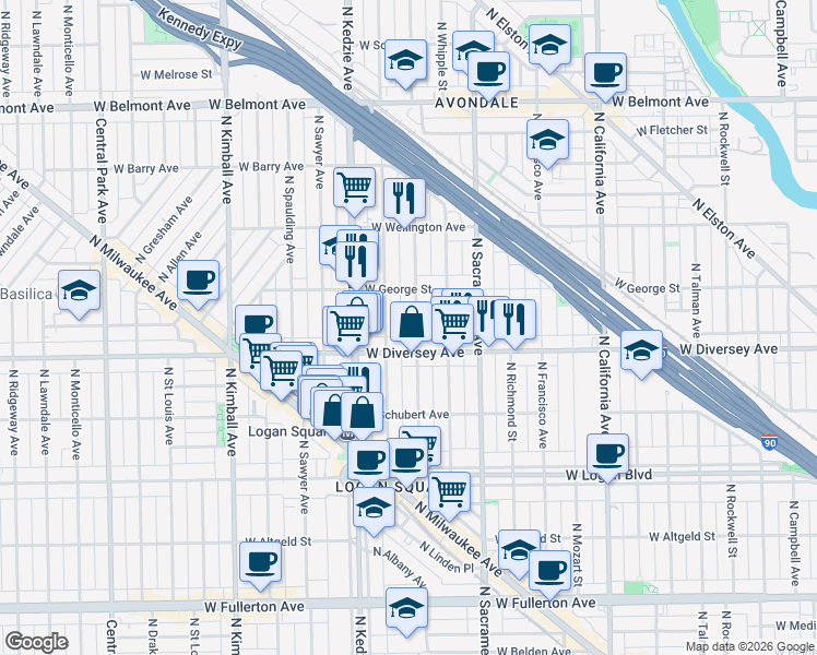map of restaurants, bars, coffee shops, grocery stores, and more near 2822 North Albany Avenue in Chicago