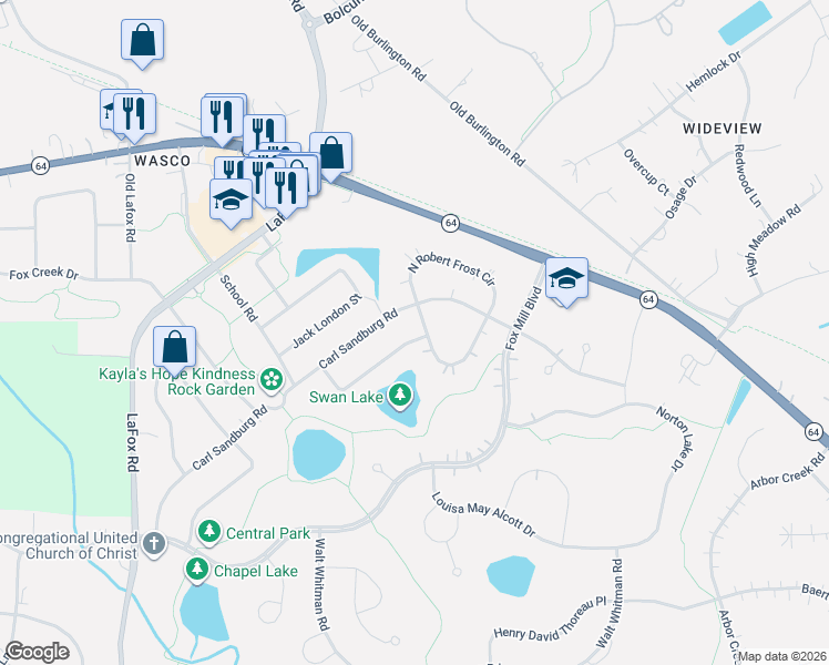 map of restaurants, bars, coffee shops, grocery stores, and more near 39W929 Margaret Mitchell Street in St. Charles