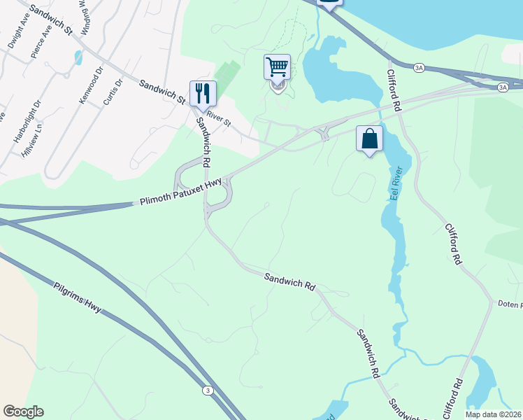 map of restaurants, bars, coffee shops, grocery stores, and more near 117 Sandwich Rd in Plymouth