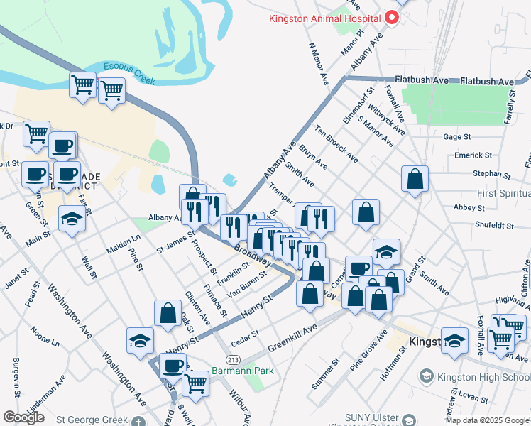 map of restaurants, bars, coffee shops, grocery stores, and more near 52 Elmendorf Street in Kingston