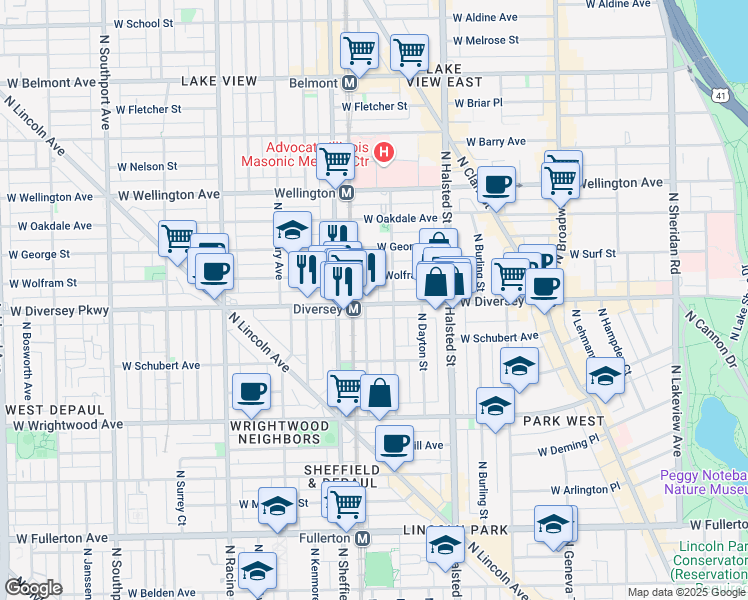 map of restaurants, bars, coffee shops, grocery stores, and more near in Chicago