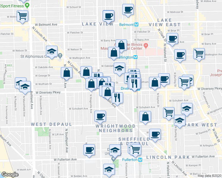 map of restaurants, bars, coffee shops, grocery stores, and more near 1124 West Diversey Parkway in Chicago