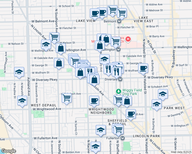 map of restaurants, bars, coffee shops, grocery stores, and more near 1124 West Diversey Parkway in Chicago