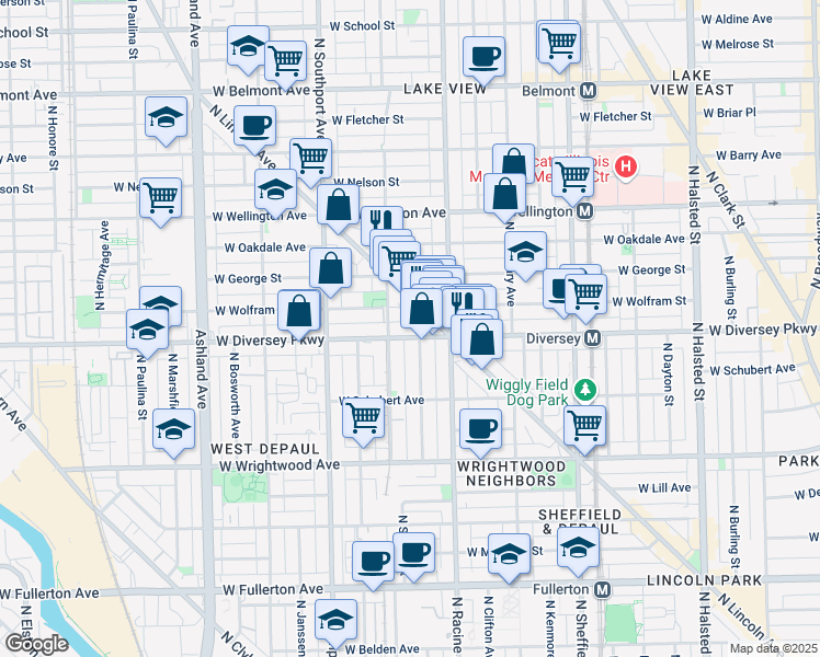 map of restaurants, bars, coffee shops, grocery stores, and more near 1228 West Diversey Parkway in Chicago