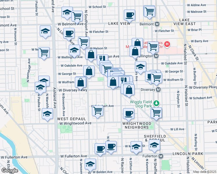 map of restaurants, bars, coffee shops, grocery stores, and more near 1228 West Diversey Parkway in Chicago