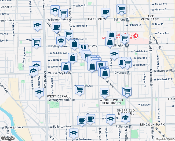 map of restaurants, bars, coffee shops, grocery stores, and more near 1228 West Diversey Parkway in Chicago