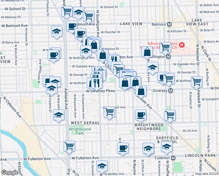 map of restaurants, bars, coffee shops, grocery stores, and more near 1305 West Diversey Parkway in Chicago