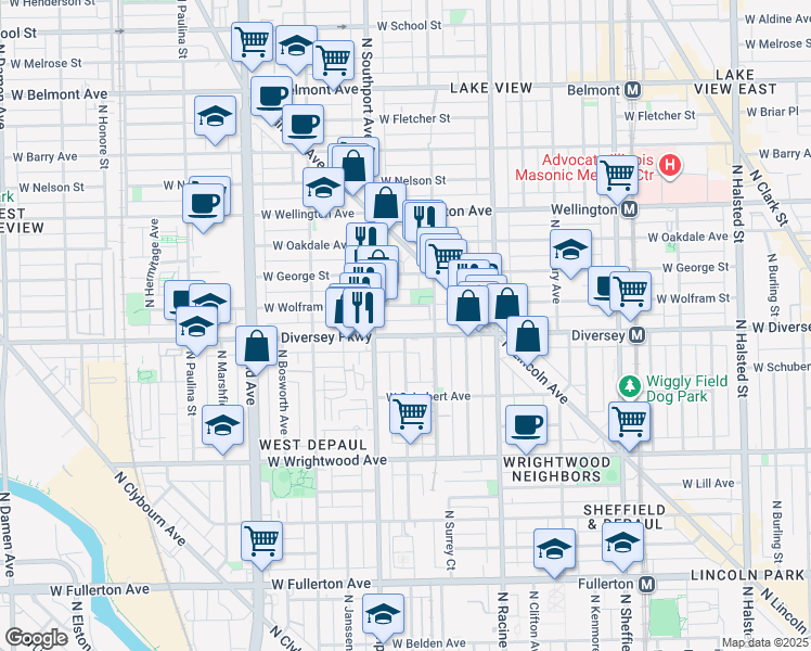 map of restaurants, bars, coffee shops, grocery stores, and more near 1344 West Diversey Parkway in Chicago