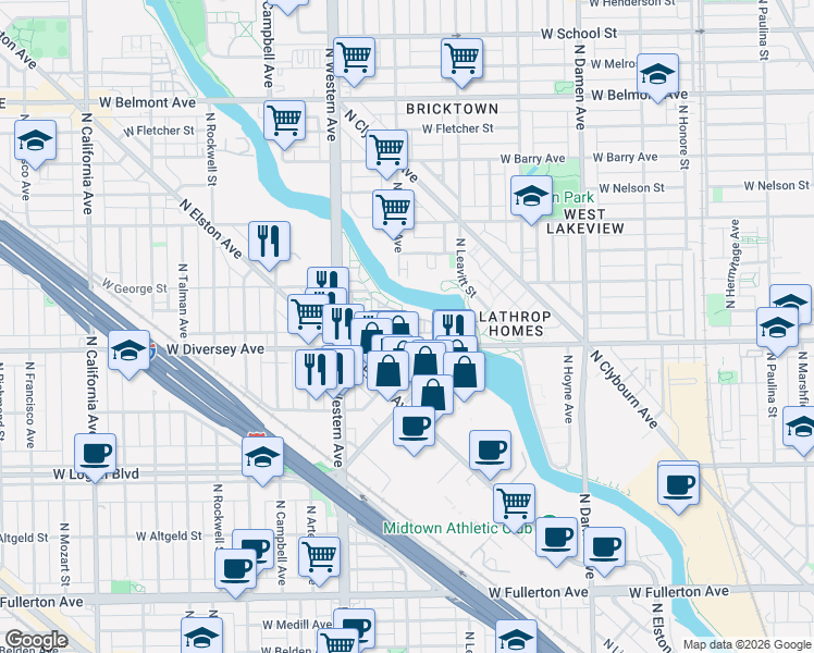 map of restaurants, bars, coffee shops, grocery stores, and more near in Chicago