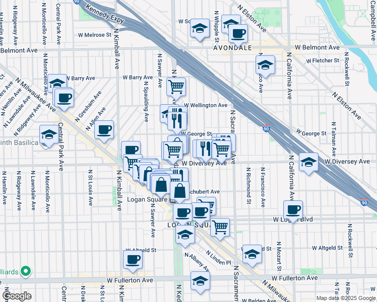 map of restaurants, bars, coffee shops, grocery stores, and more near 2814 North Troy Street in Chicago