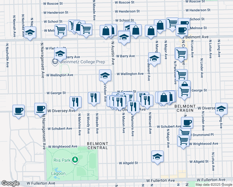 map of restaurants, bars, coffee shops, grocery stores, and more near 2843 North Austin Avenue in Chicago