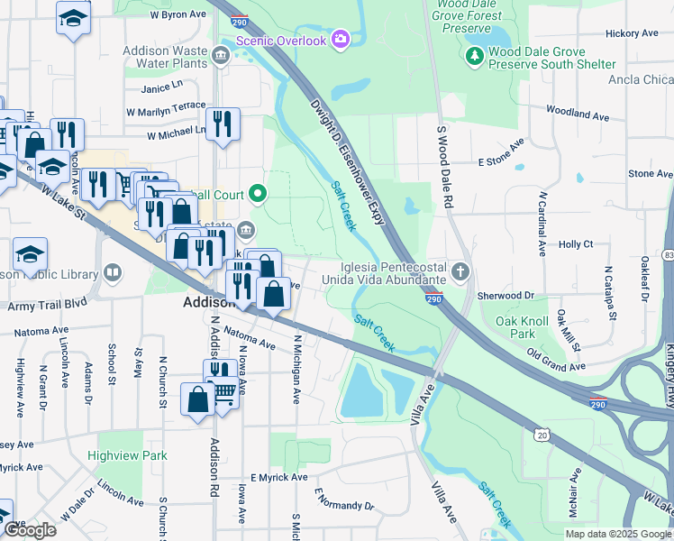 map of restaurants, bars, coffee shops, grocery stores, and more near 255 Oak Street in Addison