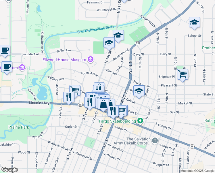 map of restaurants, bars, coffee shops, grocery stores, and more near 126 Oak Street in DeKalb