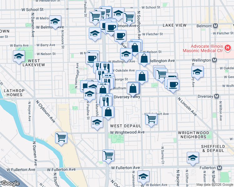 map of restaurants, bars, coffee shops, grocery stores, and more near 1514 West Diversey Parkway in Chicago