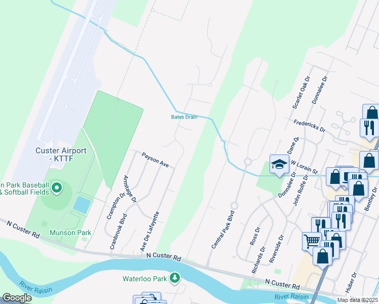 map of restaurants, bars, coffee shops, grocery stores, and more near 422 Avenue De Lafayette in Monroe