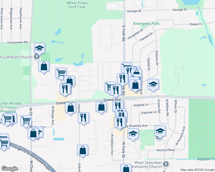 map of restaurants, bars, coffee shops, grocery stores, and more near 1072 Center Street in Bensenville