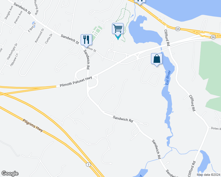 map of restaurants, bars, coffee shops, grocery stores, and more near 117 Sandwich Rd in Plymouth