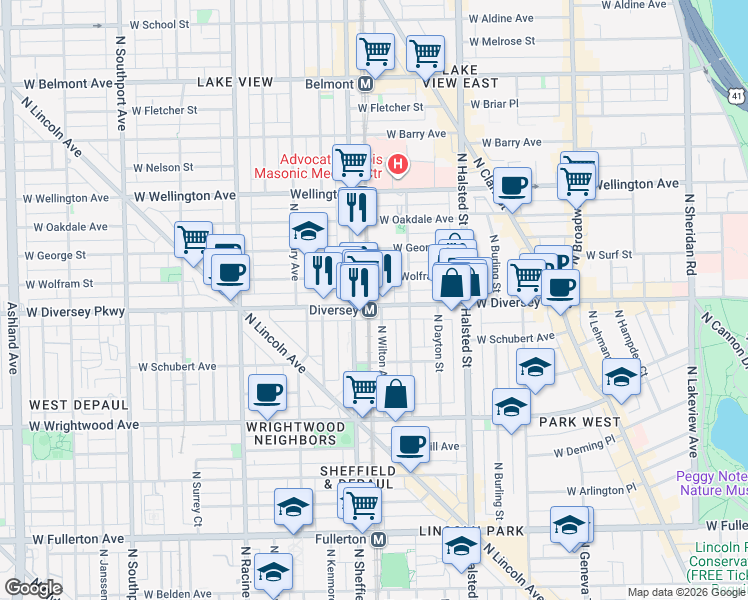 map of restaurants, bars, coffee shops, grocery stores, and more near 936 West Diversey Parkway in Chicago