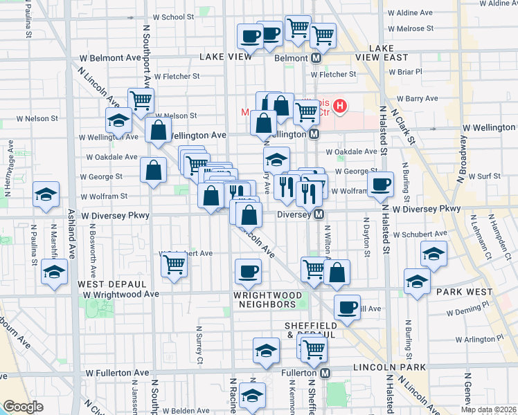 map of restaurants, bars, coffee shops, grocery stores, and more near 1124 West Diversey Parkway in Chicago