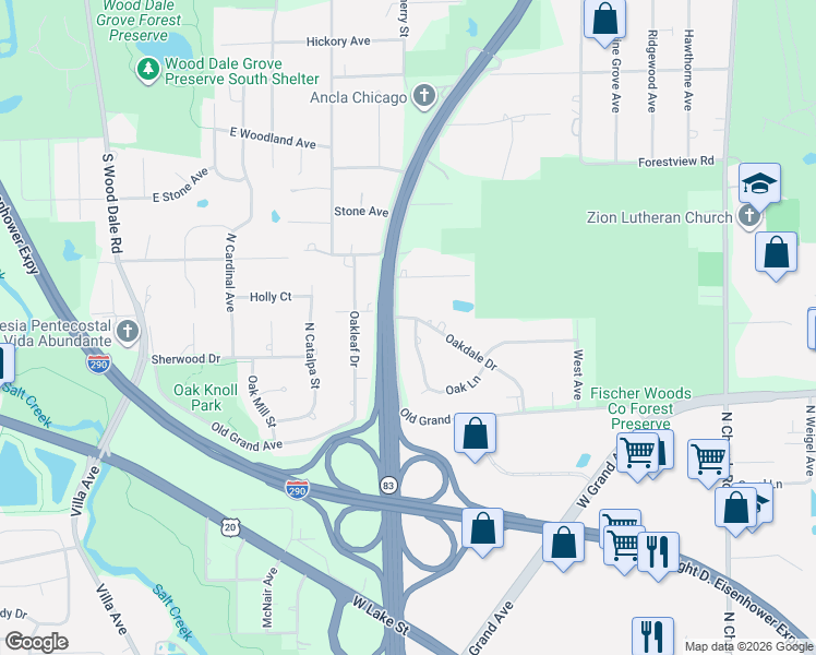 map of restaurants, bars, coffee shops, grocery stores, and more near 17W265 Oakdale Drive in Bensenville