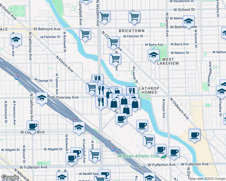 map of restaurants, bars, coffee shops, grocery stores, and more near 2307 West Wolfram Street in Chicago