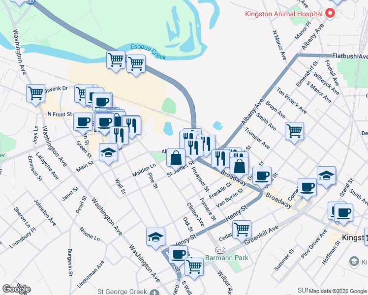map of restaurants, bars, coffee shops, grocery stores, and more near 895 Albany Avenue in Kingston
