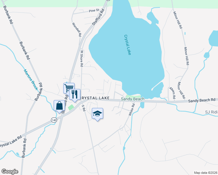 map of restaurants, bars, coffee shops, grocery stores, and more near 14 Hall Road in Ellington