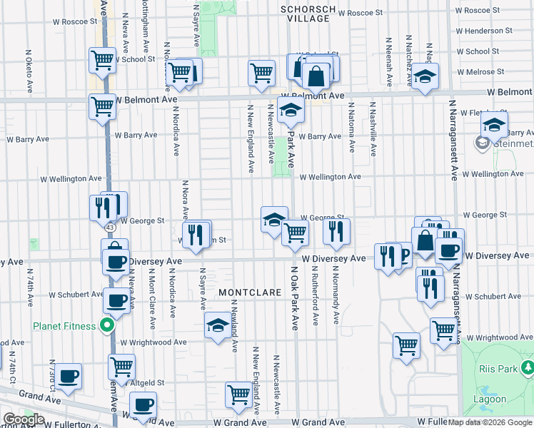 map of restaurants, bars, coffee shops, grocery stores, and more near 2828 North Oak Park Avenue in Chicago