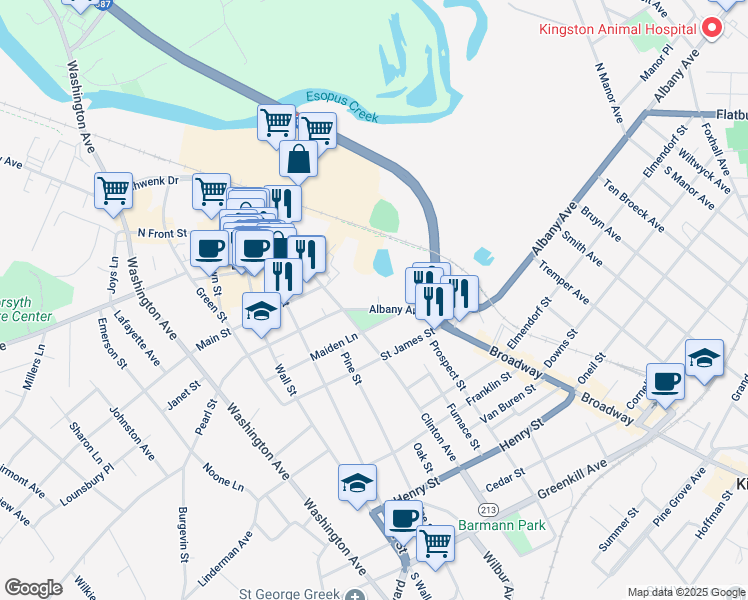 map of restaurants, bars, coffee shops, grocery stores, and more near 31 Albany Avenue in Kingston