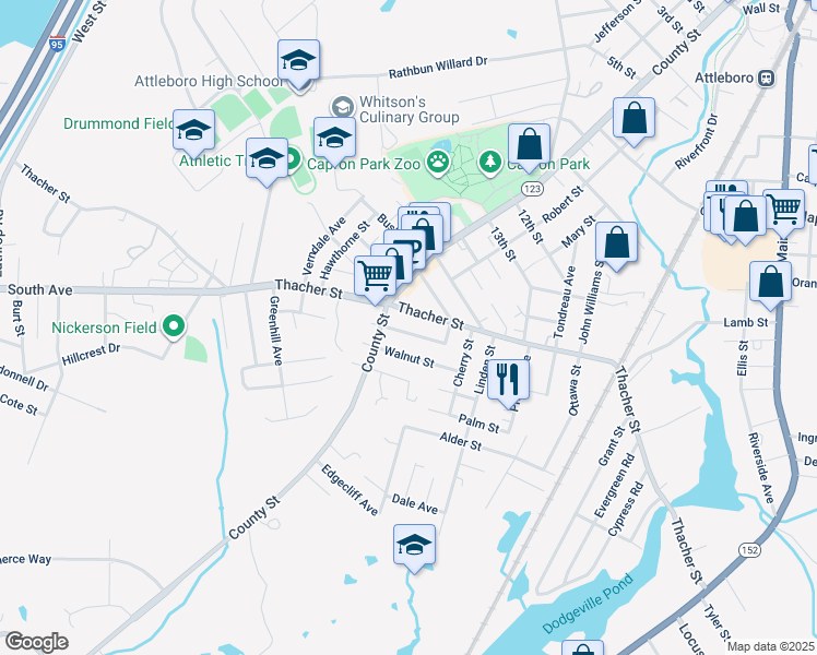 map of restaurants, bars, coffee shops, grocery stores, and more near 26 Chestnut Street in Attleboro