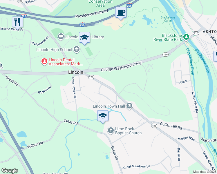 map of restaurants, bars, coffee shops, grocery stores, and more near 4 Elizabeth Drive in Lincoln