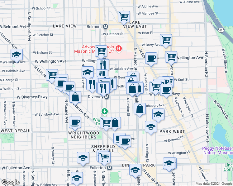map of restaurants, bars, coffee shops, grocery stores, and more near in Chicago