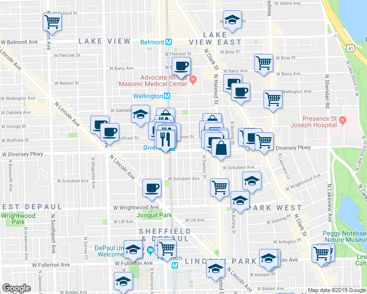 map of restaurants, bars, coffee shops, grocery stores, and more near in Chicago