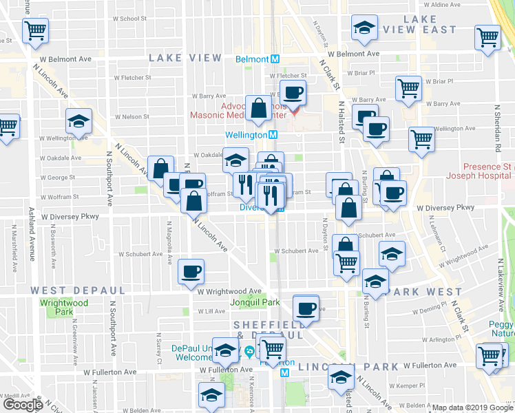 map of restaurants, bars, coffee shops, grocery stores, and more near in Chicago