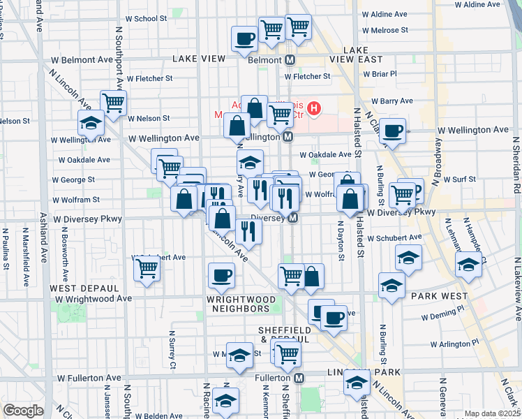 map of restaurants, bars, coffee shops, grocery stores, and more near 1055 West Diversey Parkway in Chicago