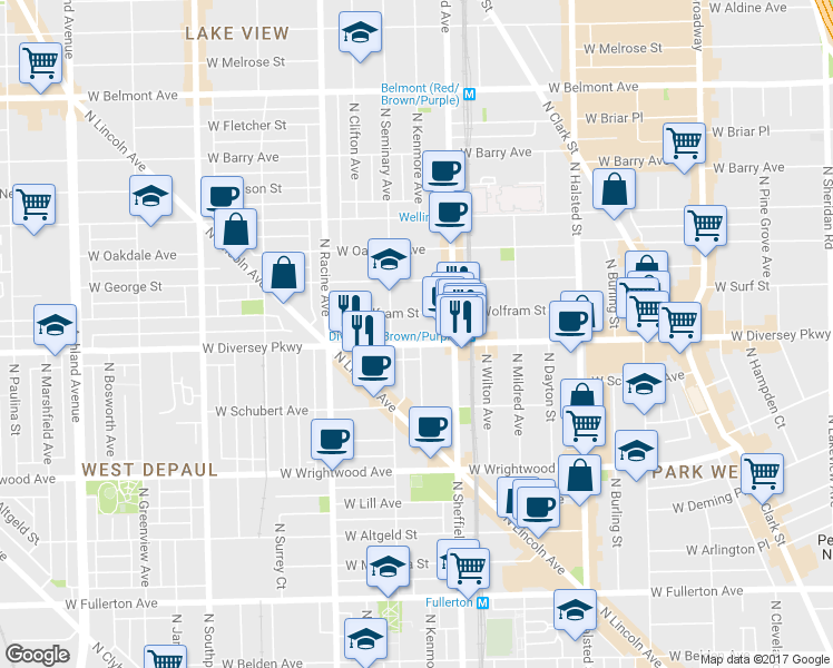 map of restaurants, bars, coffee shops, grocery stores, and more near 1055 West Diversey Parkway in Chicago